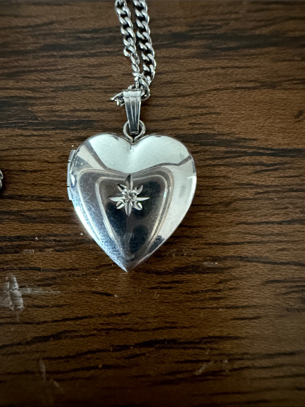Sterling Silver Heart Locket Necklace w Central Starburst and Diamond Detail 18”